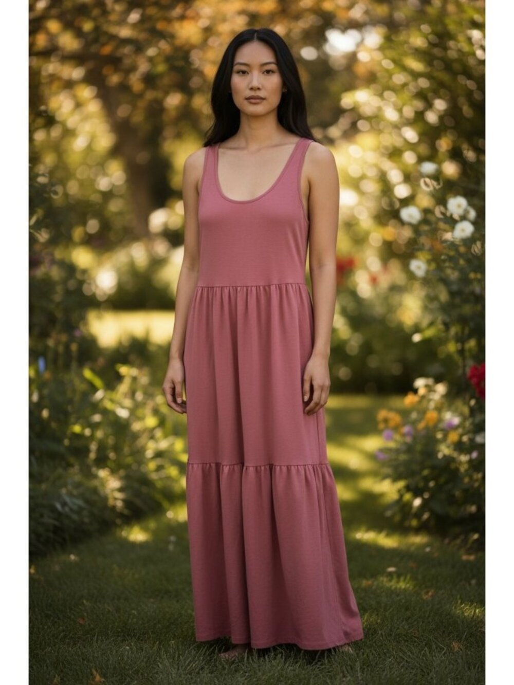 Nordstrom Women's Sleeveless Pink Maxi Dress XS Tiered Ruffle Cotton Blend